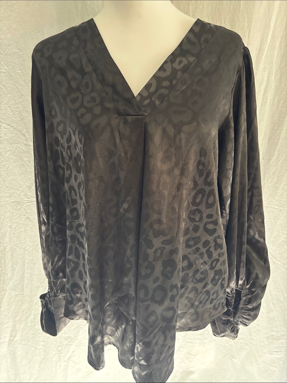 Women's Black Satin Leopard V-Neck Blouse